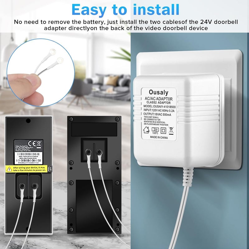 Ousaly Doorbell Power Adapter, 24V Transformer Compatible with Ring Doorbell,Video Doorbell,Nest, Ecobee, Sensi and Honeywell Thermostats, 24 Volt 500mA C-Wired AC Plug in Cord,C Wire Adapter 26.2FT - Image 2